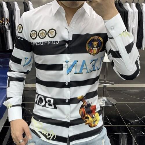 Fashion Brand Personality Stripe Printing Dress Shirt Men Trend Slim Shirt Men Casual All-match Rhinestones Formal Shirt For Men