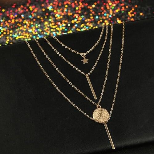 Fashion Women Beach Jewelry Multi-layer Chain Star Bar Round Pendant Necklace hot