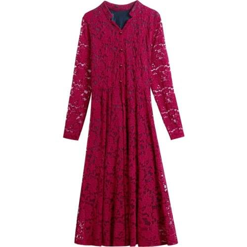 LUKAXSIKAX 2020 New Spring Autumn Women V-Neck Long Sleeve Dress High Quality Retro Floral Lace Dress Elegant Slim Party Dress