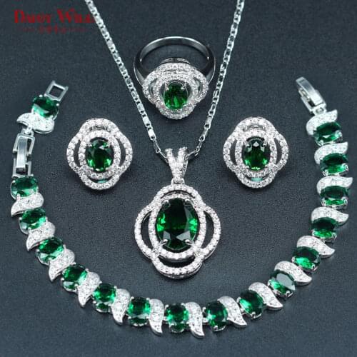 New 2021 Jewelry Sets For women Green Silver Color Necklace Earrings Bracelets Set Ring Pendant Women Jewelry