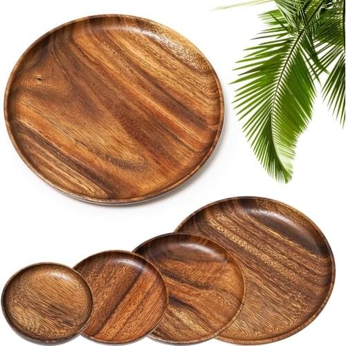 10.5-24 cm Acacia Wood Dinner Plates Unbreakable Round Wood Plates for Fruits Dishes Snacks Dessert Serving Tray Tableware