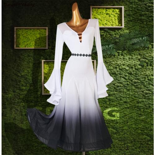 Ballroom Dance Dress V-Neck Big Swing Skirt Long Sleeves Performance Clothing High-End Custom Adult Child Competition Clothing