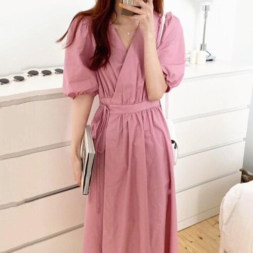 Korean French V-neck Maxi Dress New Summer Women Lace-up Long Dresses Female Loose Bubble Sleeve Dress NS1967
