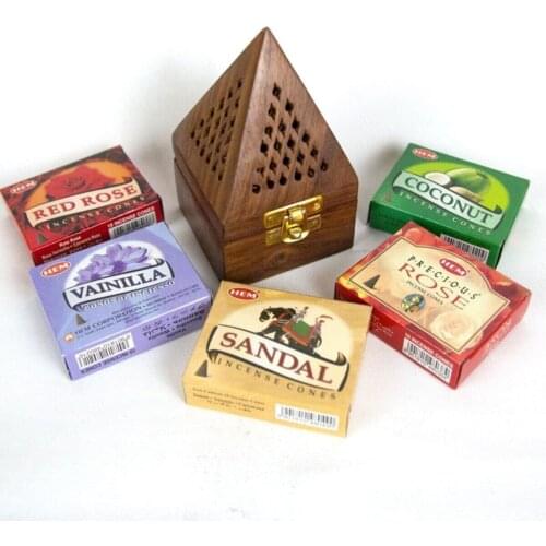 Hem® Wooden Tapered Frankincense Incense Burning Box And 5 Pcs Tapered Frankincense Set Red Rose Vainilla Sandalo Coconut