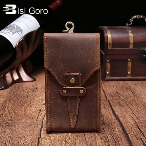 BISI GORO 2020 Genuine Leather Waist Bag Designer Crazy Horse Leather Waist Belt Bag Phone Pouch Fanny Pack Bag Creative Gift