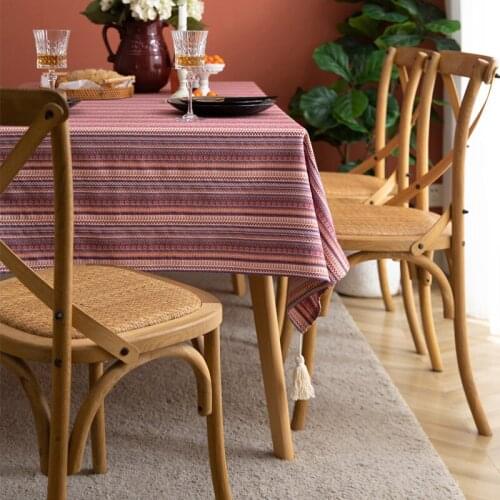 Large Tassels Tea Table Cloth American Folk Bohemian Polyester Cotton Yarn-dyed Floral Stripe Tablecloth Waterproof