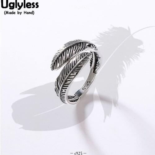 Uglyless Vintage Thai Silver Feather Rings Exotic Indian Open Rings for Women Solid 925 Real Silver Leaves Glossy Fine Jewelry