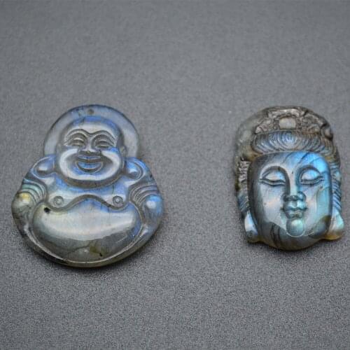 High Shiny Color Natural Labradorite Stone Carved Laughing Buddha / Kuanyin Buddha Pendant Fit Necklace Making