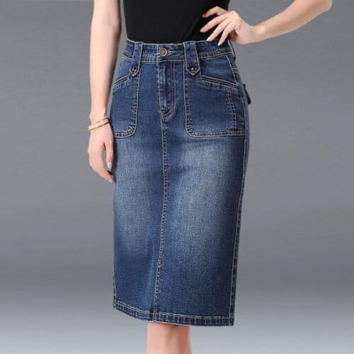 Spring Autumn High Waist Back Split Womens Denim Skirts Fashion Knee Length Slim Fit Female Pencil Wrap Skirts Plus Siz S-6XL