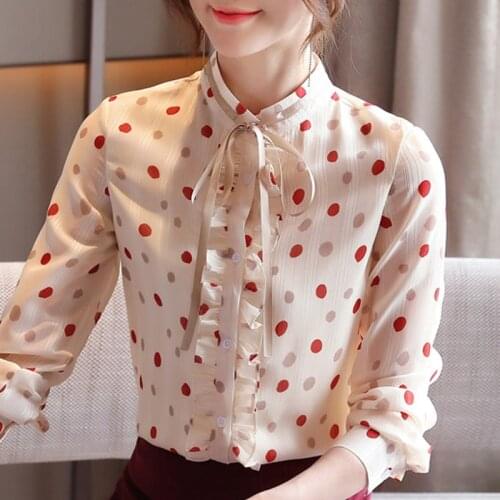 Blouse Women Blusas Mujer De Moda 2021 Long Sleeve Women Blouses Shirts Print Dot Chiffon Blouse Shirt Women Tops Blusa D446