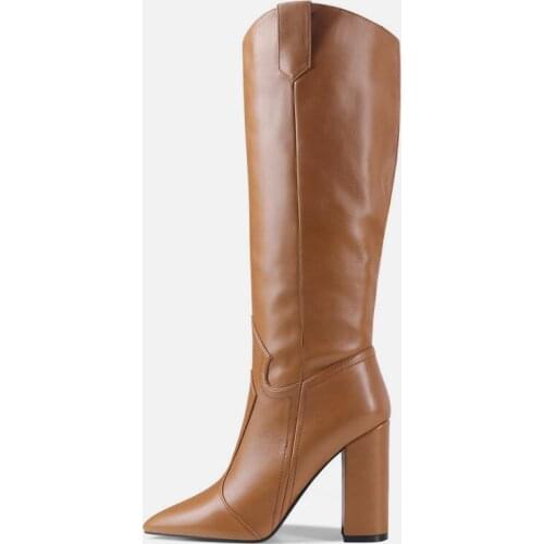 Women Pointed Toe Thick Heel Knee Boots Lady Brown Black Beige Wide Winer Wram Boots Knee Boots Women Lazy High Boots Plus Size