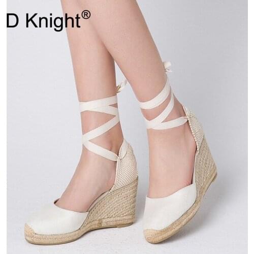 Plus Size Vintage Women Sandals Casual Cotton Canvas Wedge Sandals Summer Ankle Strap High Heesl Platform Pump Espadrilles Shoes