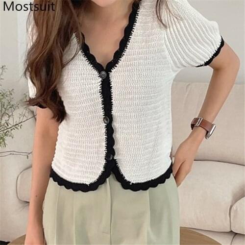 2021 Summer Korean Elegant Women Crop Tops Cardigan Single Breasted V-neck Short Sleeve Knitwear Sweater Sweet Ladies Jumpers