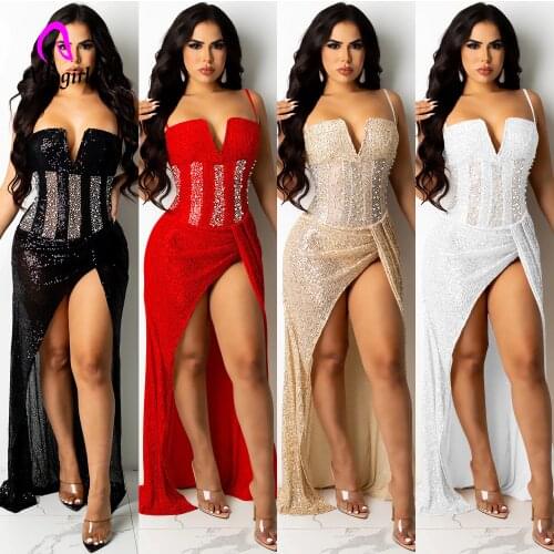 Crystal Women Long Maxi Dress Spaghetti Strap Sequin 2021 Autumn New Elegant Evening Dress Sexy High Slit Club Party Vestidos