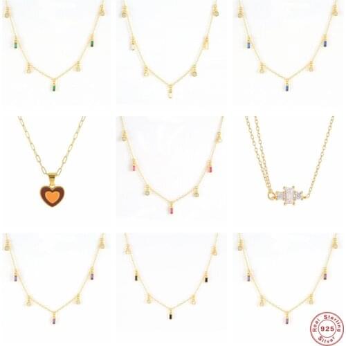 GS 925 Sterling Silver Colored Blue Pink Zircon Pendants Necklaces For Women Round Crystal Beads Heart Charm Necklace Jewelry