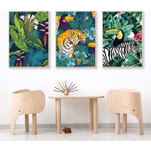 Tiger Leopard Flamingo Toucan Monstera Flora Wall Art Canvas Painting Nordic Posters And Prints Wall Pictures Kids Room Decor