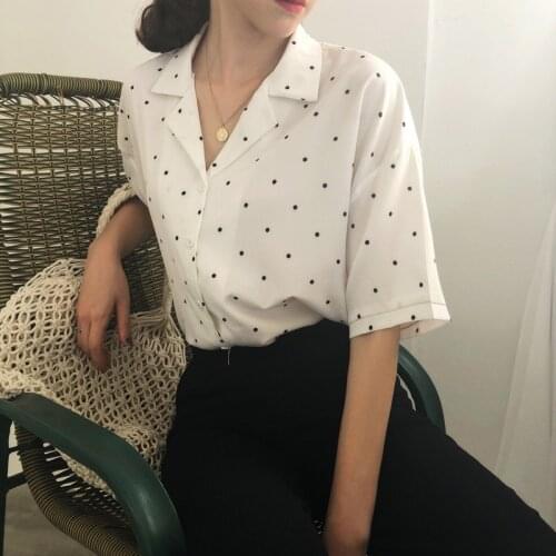 Fashion Women Polka Dot Summer Blouse Short Sleeve Turn Down Collar Blouses Female Casual Short Tops Harajuku Shirt