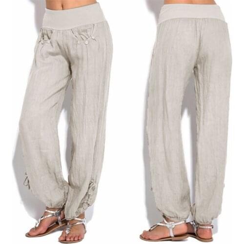 Fashion Women Summer Pants Solid Buttons Cotton And Linen Casual Woman Pants Elastic Wais Loose Trouser Wide Leg Pants Female