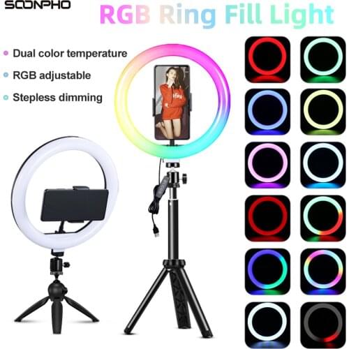RGB Led Ring Light With Stand colorful Lighting 16 Colorlight,3 Normal Modes Dimmable Selfie 10inch Ring Light For Youtube Video