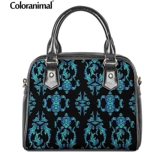 Coloranimal Hawaiian Sea Turtle 3D Pattern Leather Tote Bag Ethnic Tribal PU Shoulder Handbag for Women Purse Sac A main Wallets