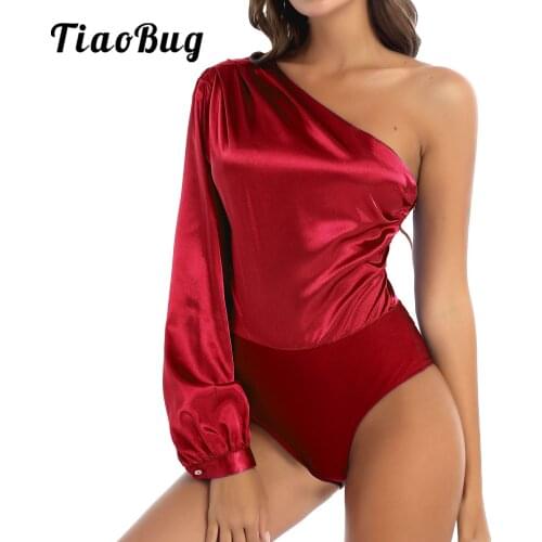 Women One Shoulder Long Sleeve Dance Leotard Satin Ballet Latin Jazz Modern Dance Bodysuit Shirt Tops