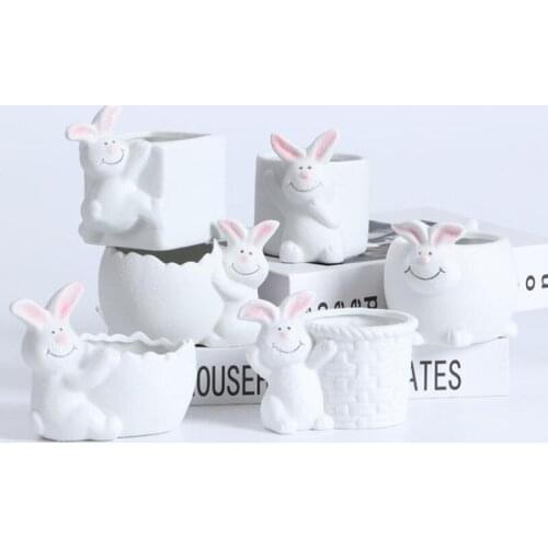 2pcs/set Ceramic White Color Rabbit Succulent Plant Pot Animal Flowerpot Vase Plant Container Office Desktop Ornaments Decor