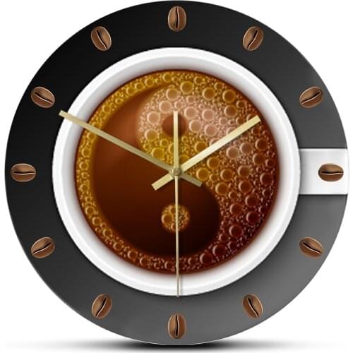Coffee Slient Wall Clock For Kitchen Cafe House Art Decor Coffee Bean Yin Yang Office Round Wall Watch Quartz Coffee Lover Gift