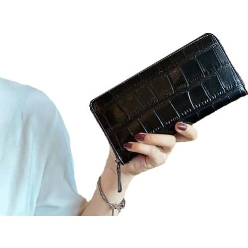 Nuleez Brand Long Wallet Genuine Cowhide Skin Stone Pattern Zipper Open Simple Classical Enough Cards Position Phone Bag Women