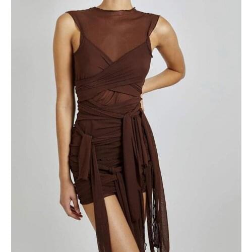 Nice Ribbons Mesh See Through Bodycon Party Dress Women Clubwear Mini Sexy Dress Summer Sleeveless Basic Female Outfits Clothing