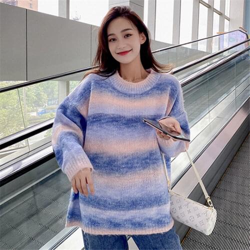 2021 New Autumn Winter Women Fashion Rainbow Sweaters Female O-Neck Pullovers Ladies Loose Striped Jumpers Oversized Tops Y384