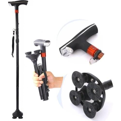 NEW 2021 Outdoor Aluminum folding old man\s walking stick elderly with light four-foot walking stick walking stick anti-skid