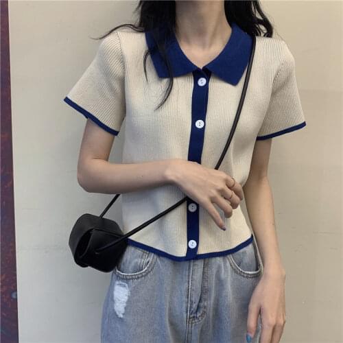 Contrast Color College Style Single-Breasted Short Sleeve Knitted Cardigan Top Female Summer 2021 Student Leisure Style