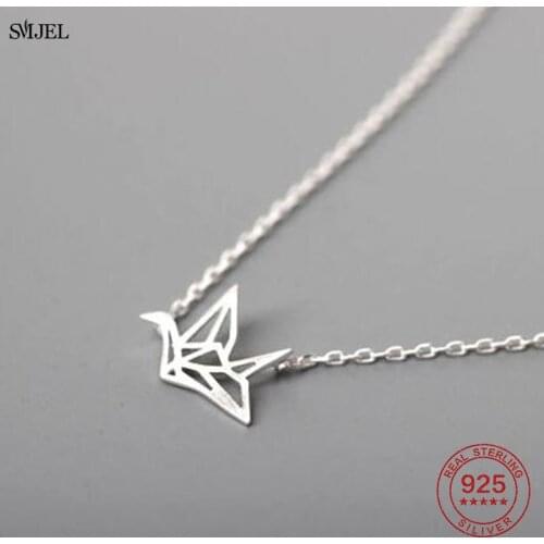 Real 925 Sterling Silver Origami Crane Necklaces Animal Jewelry Silver Fashion Bird Pendant Necklace Bridesmaid Gifts Women