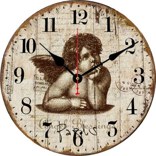 Shabby Brown Clock Cupid Angel Non -Ticking Silent Quiet 14 Inch Gift Wooden Wall Clock Retro Vintage Large Clock Home Decor