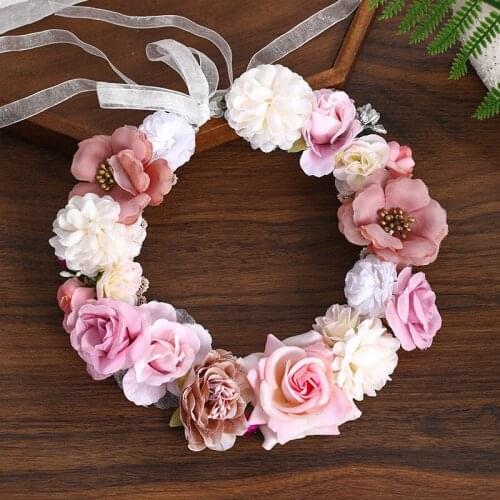 Romantic Pink Simulation Rose Flower Crown Hairband Handmade Bridal Wedding Headdress Beach Photo Holiday Hair Band Wholesale