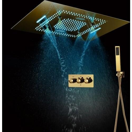 Luxury Large Polished Gold Rain Shower System Hot and Cold Bathroom Faucet Ceiling 23"x31" LED Shower Head Concealed Mixer Brass