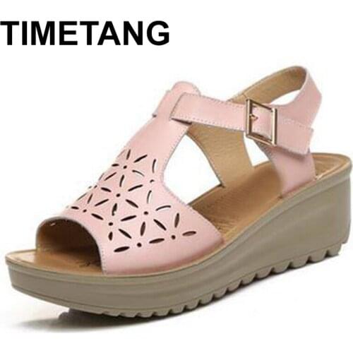 TIMETANG 2018 Fashion new female genuine leather sandals women hollow open toe wedges sandals womens summer shoes