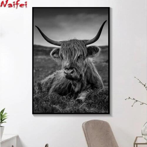 Modern Home Decor Black White Highland Cow Diamond Painting Animal Wall Art Scottish Cow Picture Farmhouse Living Room