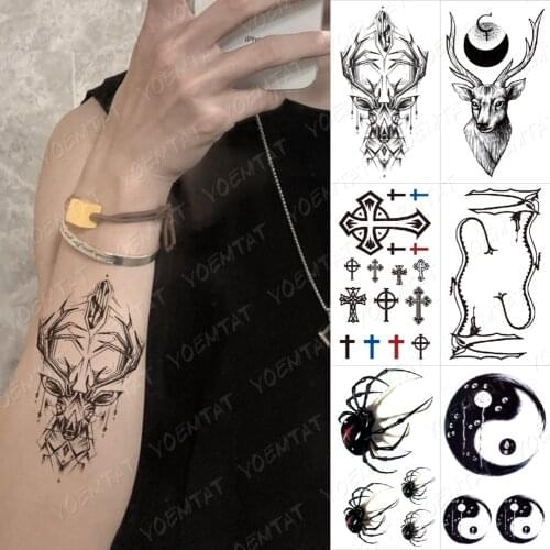 Waterproof Temporary Tattoo Lasting Sticker Skull Deer Cross Spider Gossip Children Flash Body Art Cute Fake Tatoo Female