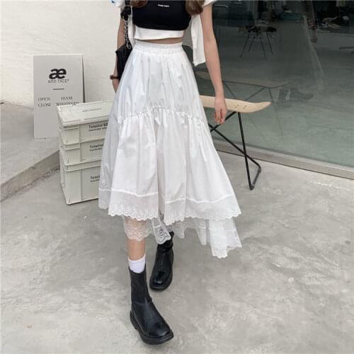 Black Gothic Lace Stitching Irregular Pleated Women Skirt White Vintage High Waist Long midi Skirt Korean Solid harajuku summer