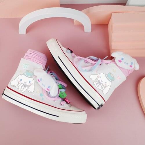 Harajuku Lolita Girl High-top Hand-painted Cartoon Dog Women Sneakers Japanese Women Kawaii Student Canvas Shoes Big Size 35-44