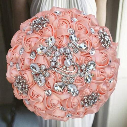 1pc/lot Coral Ribbon Wedding Bouquet Silver Diamond Pearl Decoration Bridal Wedding Bouquet Artificial Ribbon Rose Wedding