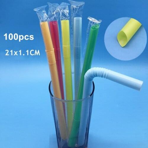 100 Pcs Bent Plastic Bubble Tea Straw Curved Drinking Straws Large Wide 21x1.1cm Boba Milk Tea Smoothie Straws Bar Accessories