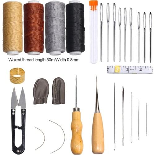 28pcs Leather Sewing Tools Kit with Large-Eye Stitching Needles Waxed Thread Leather Stitching Needles Awl Hand Tools DIY Sewing