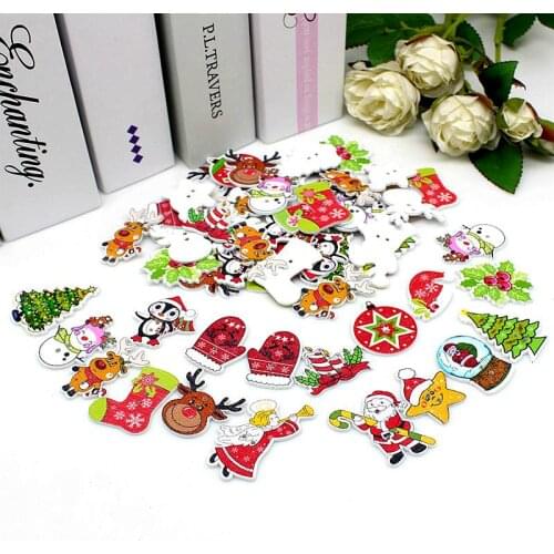 50pcs/lot 2-hole Christmas buttons Christmas Shape Printed Wooden button Sewing Scrapbooking for Crafts accessories