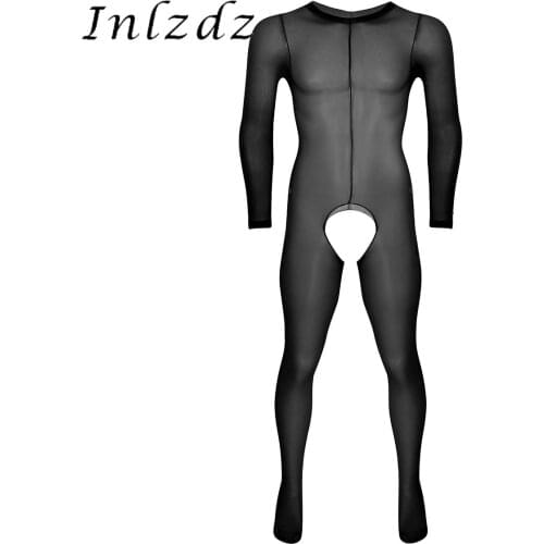 Mens Lingerie Tights Full Body Stocking See Through Sheer Soft Round Neck Long Sleeves Crotchless Footed Stretchy Body Pantyhose