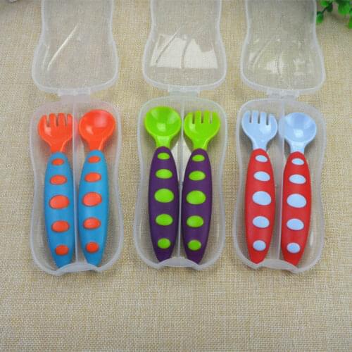 Baby Flatware Set Safe Baby Spoon+Fork Anti-Skid Handle Baby Spoon Fork Set Kid Soft Soup Fork Child Practical Tableware T2003