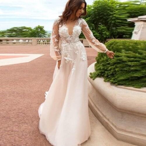 Appliques Tulle Wedding Dress 2020 Flowers Full Long Sleeve Bridal Dresses Custom Made Wedding Gown Long Vestidos De Noiva