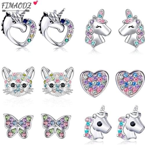 FIMAODZ Crystal Unicorn Earrings Kids Girls Rainbow Horse Heart Cat Butterfly Cute Stud Earings Fashion Jewelry Birthday Gift