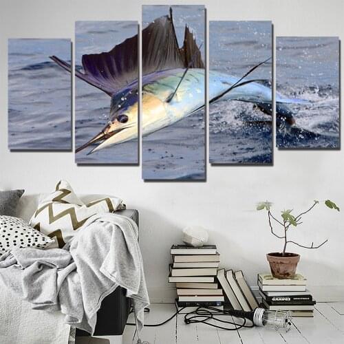 HD Wall Art Canvas Painting Home Decorative Pictures Modular Painting 5 Panel Swordfish Prints For Living Room Frame